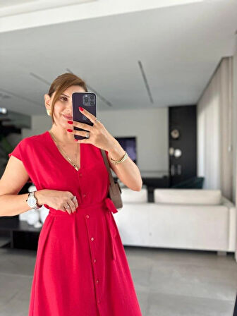 Kadınn V Yaka Düğme Detay Kuşak Dahil Elbise