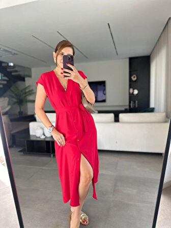 Kadınn V Yaka Düğme Detay Kuşak Dahil Elbise