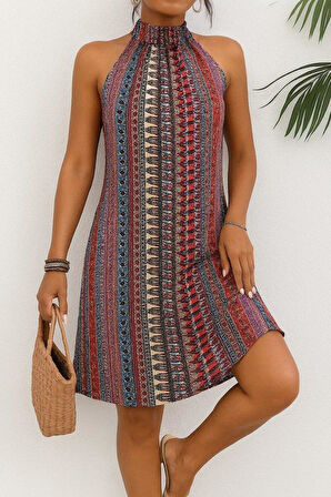 Kadın Kolsuz Boyundan Askılı Desenli Midi Süprem Elbise