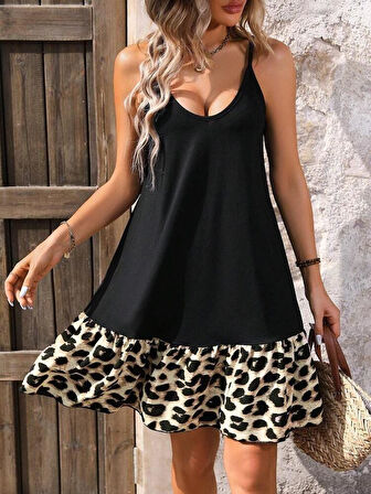 Kadın Ip Askılı Yuvarlak Yakalı Leopar Detaylı Elbise