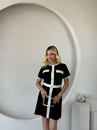 Kadın Kısa Kollu Bisiklet Yaka önden Düğmeli Modal Elbise