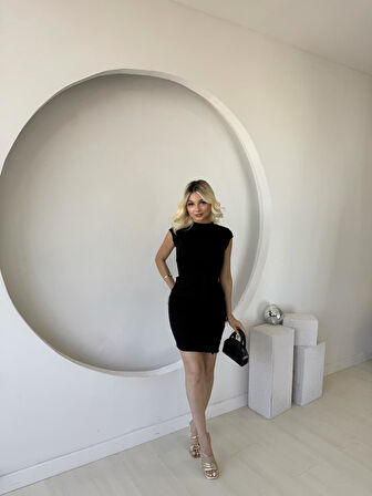 Kadın Kısa Kap Kollu Bisiklet Yaka Belden Bağlamalı Modal Mini Elbise