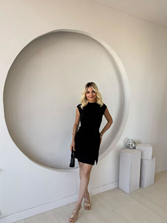 Kadın Kısa Kap Kollu Bisiklet Yaka Belden Bağlamalı Modal Mini Elbise