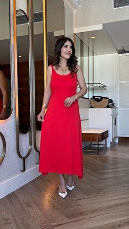 Kadın Askılı Yuvarlak Yakalı Viskon Elbise