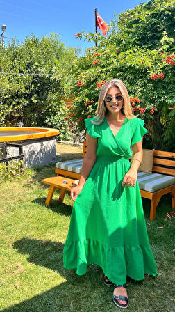 Kadın Kısa Kollu Kruvaze Yakalı Beli Lastikli Müslim Elbise