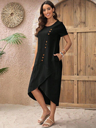 Kadın Kısa Kollu Bisiklet Yaka Düğme Detay Müslim Elbise