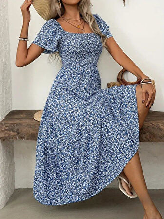 Kadın Kısa Kollu Gipe Detaylı Desenli Midi Süprem Elbise