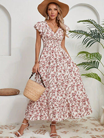 Kadın Kısa Kollu Kruvaze Yaka Beli Lastikli çiçek Desenli Elbise