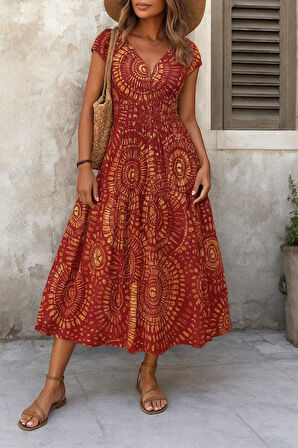 Kadın Kısa Yarasa Kanat Kollu V Yakalı Beli Büzgülü Süprem Elbise