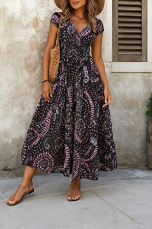 Kadın Kısa Yarasa Kanat Kollu V Yakalı Beli Büzgülü Süprem Elbise