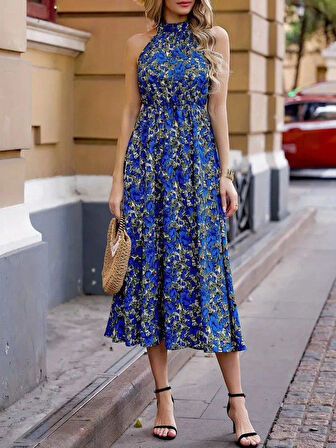 Kadın Omuzlardan Açık Daire Yaka Desenli Maxi Süprem Elbise