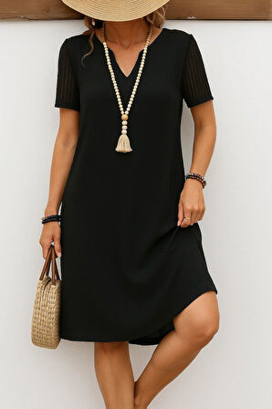 Kadın Kısa Kollu V Yakalı Kısa Janjan Krep Elbise