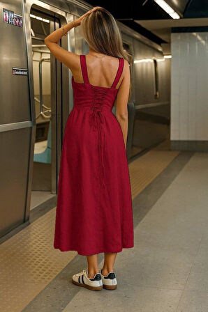 Kadın Askılı Geniş V Yakalı Sırttan Bağlamalı Yırtmaçlı Süprem Elbise