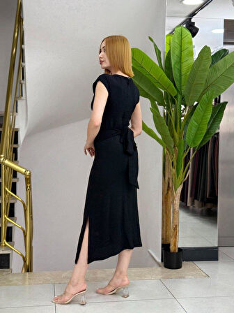 Kadın Kısa Kollu Yuvarlak Yaka Belden Bağcıklı önden Yırtmaçlı Aerobin Elbise