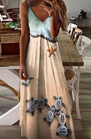 Kadın Süprem Kumaş Dijital Baskılı Askılı Elbise