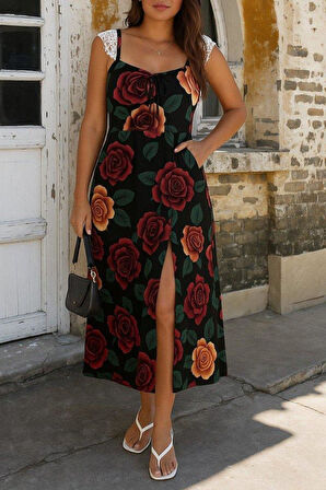 Kadın Askılı Geniş V Yakalı Sırttan Bağlamalı Yırtmaçlı Süprem Elbise