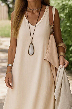 Kadın Kolsuz V Yakalı Maksi Boy Ithal Keten Elbise