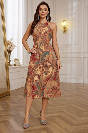 Kadın Kolsuz Boyundan Bağlamalı Beli Lastikli Etnik Desen Baskı Süprem Uzun Elbise