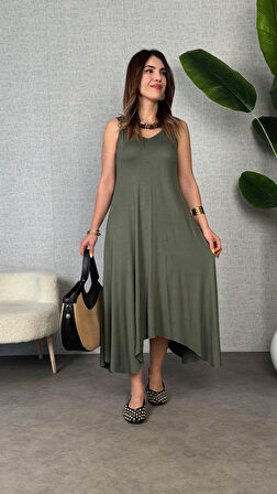 Kadın çan Dokuma Kumaş V Yaka Asimetrik Kesim Elbise