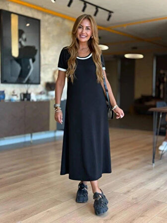 Kadın Kısa Kollu Yuvarlak Yaka Yandan Yırtmaçlı Midi Viskon Elbise