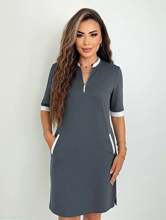 Kadın Kısa Kollu Yakadan Fermuarlı Cepli Yandan Yırtmaçlı Viskon Elbise