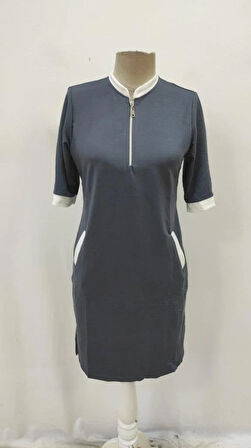 Kadın Kısa Kollu Yakadan Fermuarlı Cepli Yandan Yırtmaçlı Viskon Elbise