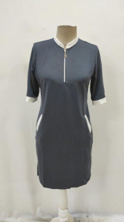 Kadın Kısa Kollu Yakadan Fermuarlı Cepli Yandan Yırtmaçlı Viskon Elbise