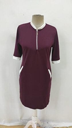 Kadın Kısa Kollu Yakadan Fermuarlı Cepli Yandan Yırtmaçlı Viskon Elbise