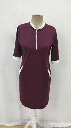 Kadın Kısa Kollu Yakadan Fermuarlı Cepli Yandan Yırtmaçlı Viskon Elbise