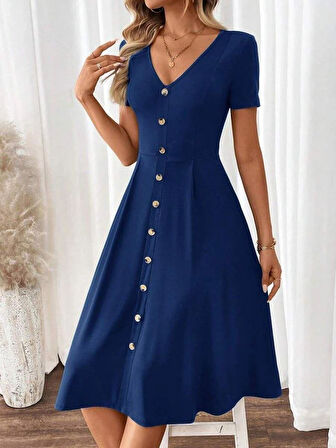 Kadın Kısa Kollu V Yakalı önden Düğmeli A Kesim Dokuma Elbise