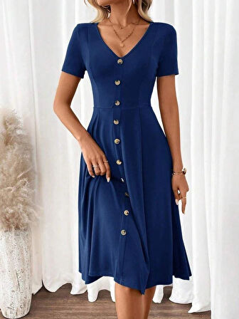 Kadın Kısa Kollu V Yakalı önden Düğmeli A Kesim Dokuma Elbise