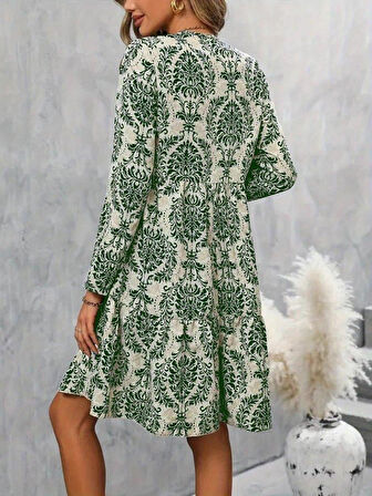 Kadın Uzun Kollu V Yakalı Fırfırlı Mini Süprem Elbise