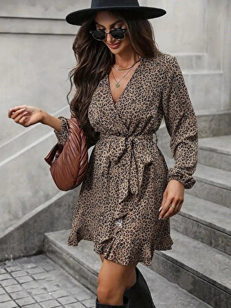 Kadın Uzun Kollu Kruvaze Yakalı Kuşaklı Desenli Kısa Modal Mini Elbise