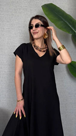 Kadın Kısa Kollu V Yaka Salaş Maxi Boy Elbise