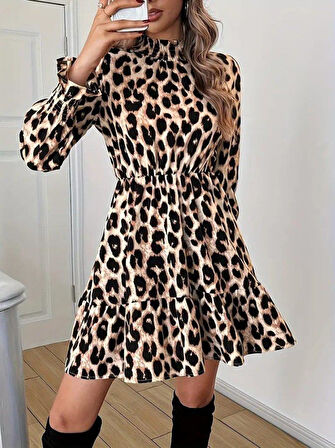 Kadın Uzun Kollu Yarı Balıkçı Yaka Leopar Desenli Modal Mini Elbise
