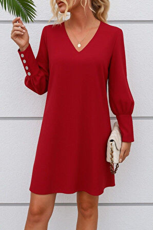 Kadın Uzun Kollu V Yakalı Kısa Ithal Krep Elbise