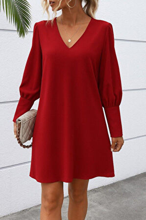 Kadın Uzun Kollu V Yakalı Kısa Ithal Krep Elbise
