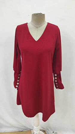 Kadın Uzun Kollu V Yakalı Kısa Ithal Krep Elbise