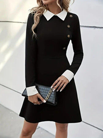 Kadın Uzun Kollu Yakalı Düğmeli Kısa Modal Mini Elbise