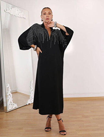 Kadın Hakim Yaka Fakir Kol Taş Detay Maxi Boy Salaş Elbise