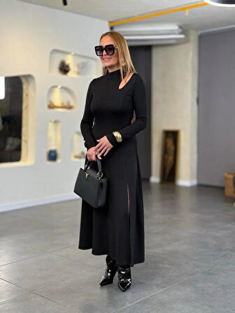 Kadın Balıkçı Yaka Damla Detaylı Yırtmaçlı Uzun Viskon Iki Iplik Maxi Elbise