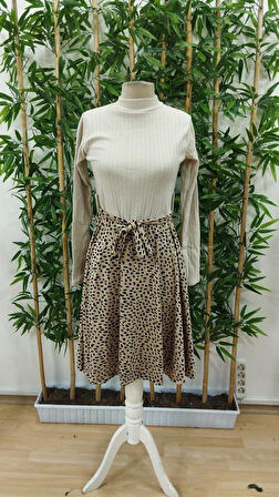 Kadın Uzun Kollu Balıkçı Yaka Belden Bağlamalı üst Kaşkorse Eteği Dalgıç Elbise