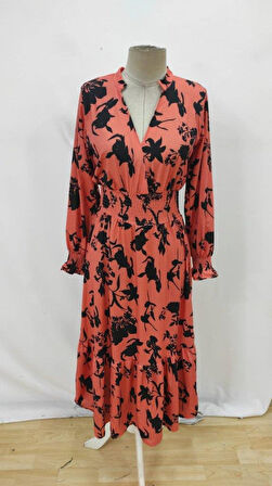 Kadın Uzun Kollu Kruvaze Yakalı çiçek Desenli Maksi Süprem Elbise