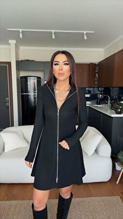 Kadın Uzun Kollu Hakim Yaka Ayarlanabilir Fermuar Dekolteli Mini Elbise