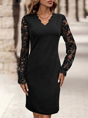 Kadın Uzun Kollu V Lazer Kesim Detaylı Kısa Ithal Krep Elbise