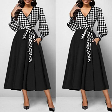 Kadın Uzun Kollu Kruvaze Yaka Dalgıç Krep Midi Boy Elbise