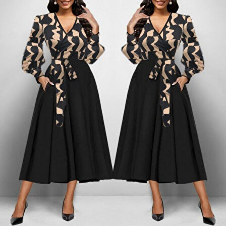 Kadın Uzun Kollu Kruvaze Yaka Dalgıç Krep Midi Boy Elbise