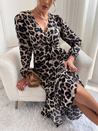 Kadın Uzun Kollu Kruvaze Yakalı Belden Kuşaklı Leopar