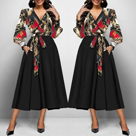 Kadın Uzun Kollu Kruvaze Yaka Dalgıç Krep Midi Boy Elbise