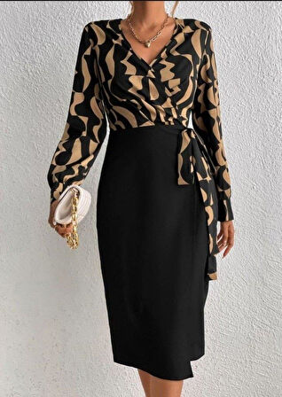 Kadın Uzun Kollu Kruvaze Yaka Dijital Baskılı Fiyonk Detay Atlas Kumaş Elbise